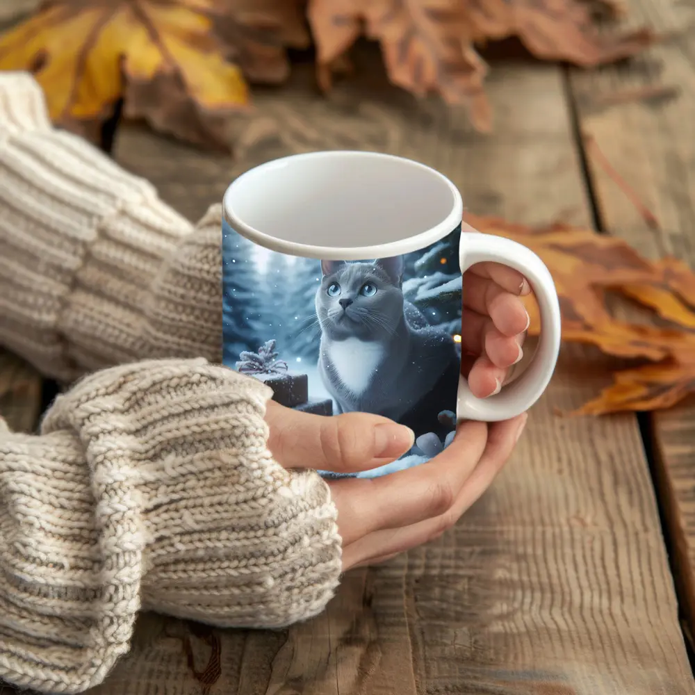Gray Cat Blue Eyes Winter Christmas Scene – Mugs