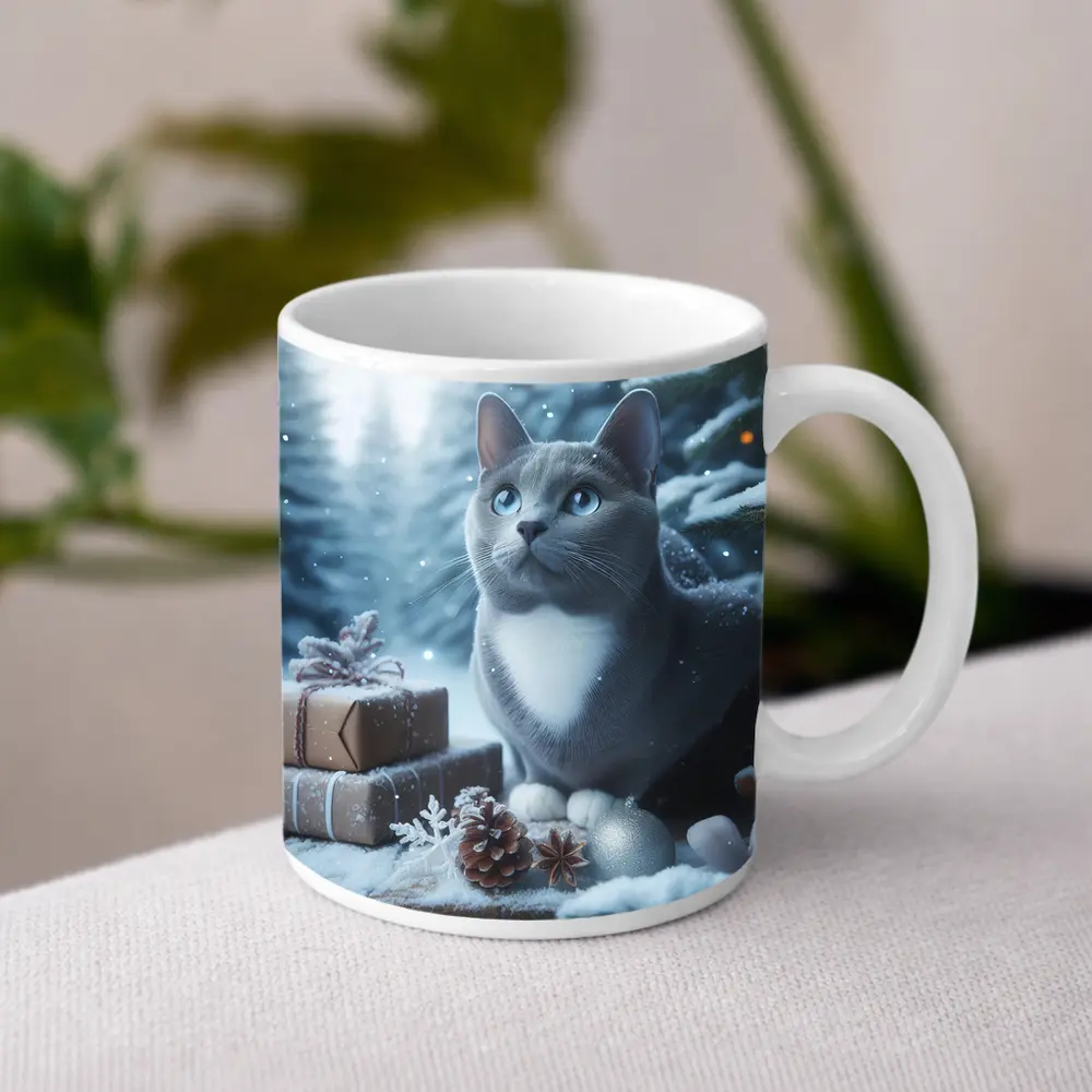 Gray Cat Blue Eyes Winter Christmas Scene – Mugs
