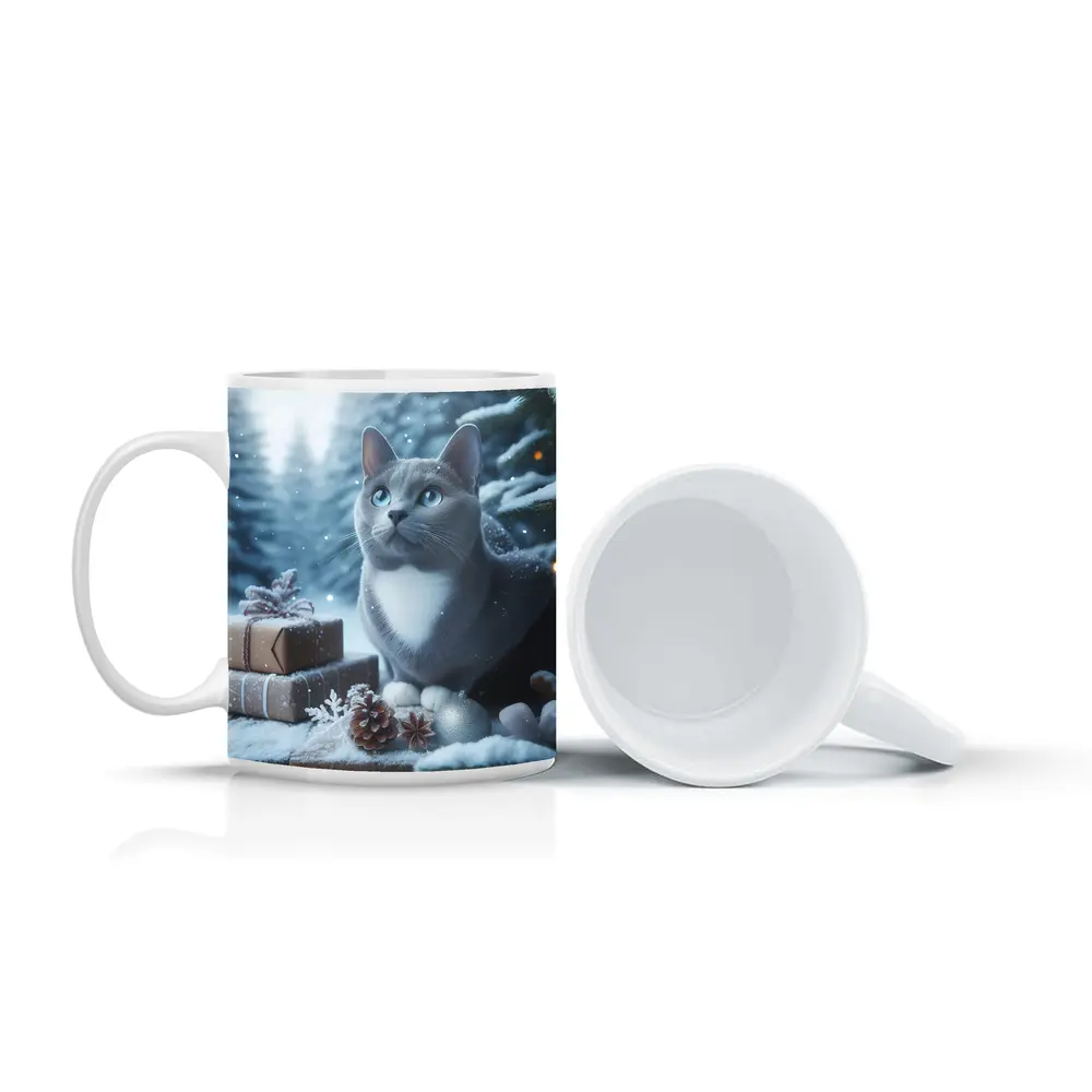 Gray Cat Blue Eyes Winter Christmas Scene – Mugs