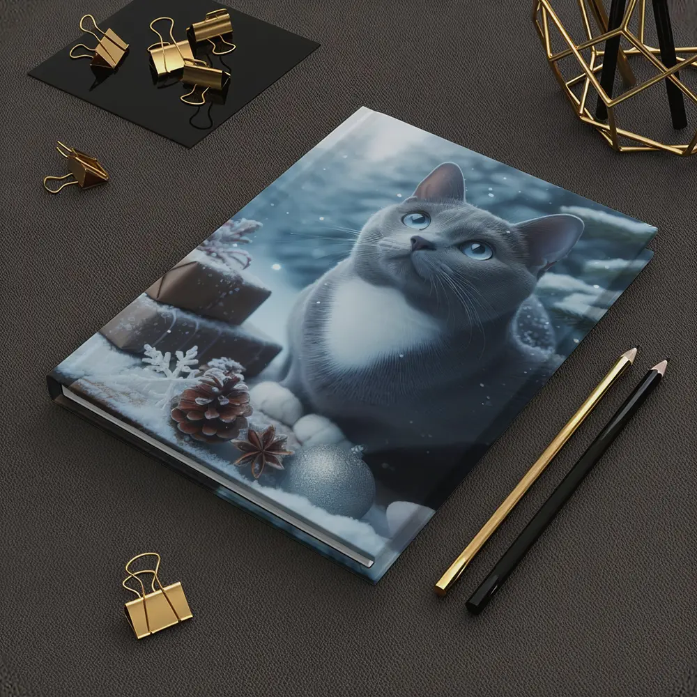 Gray Cat Blue Eyes Winter Christmas Scene – Notebooks