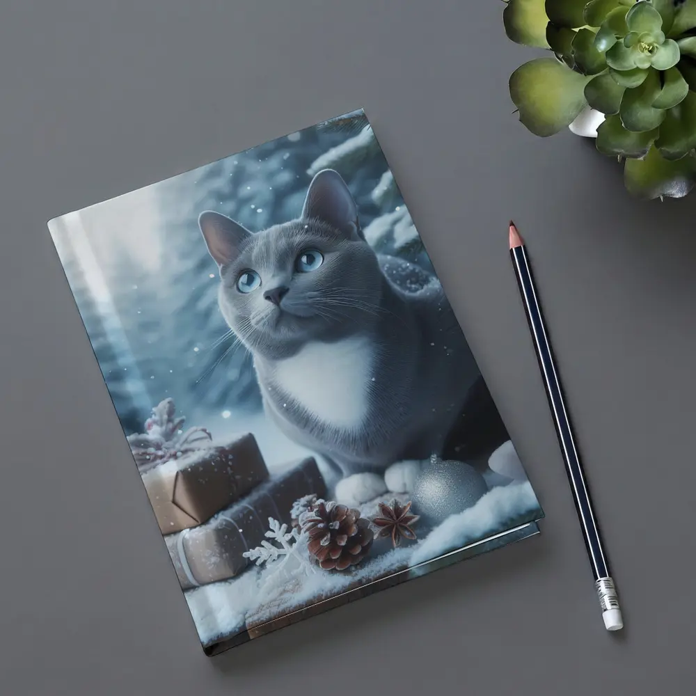 Gray Cat Blue Eyes Winter Christmas Scene – Notebooks