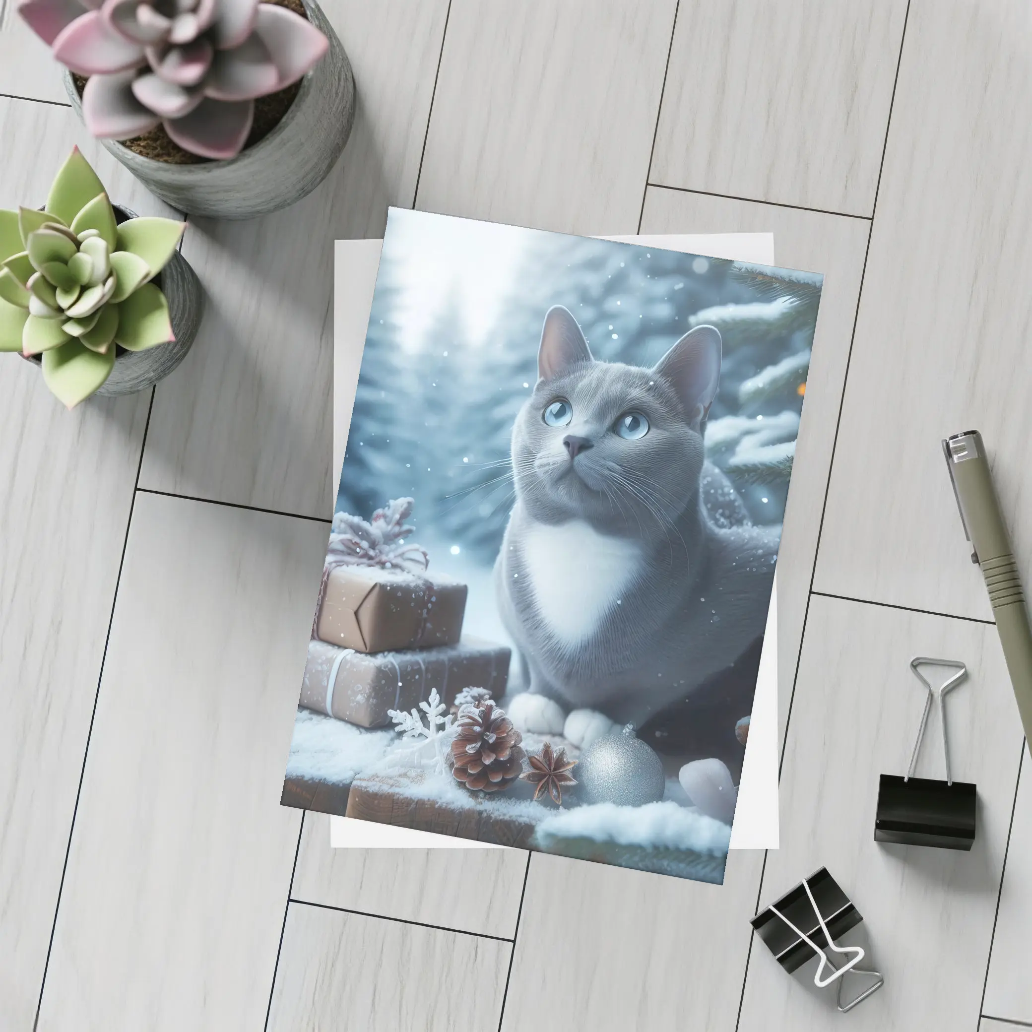 Gray Cat Blue Eyes Winter Christmas Scene – Postcards