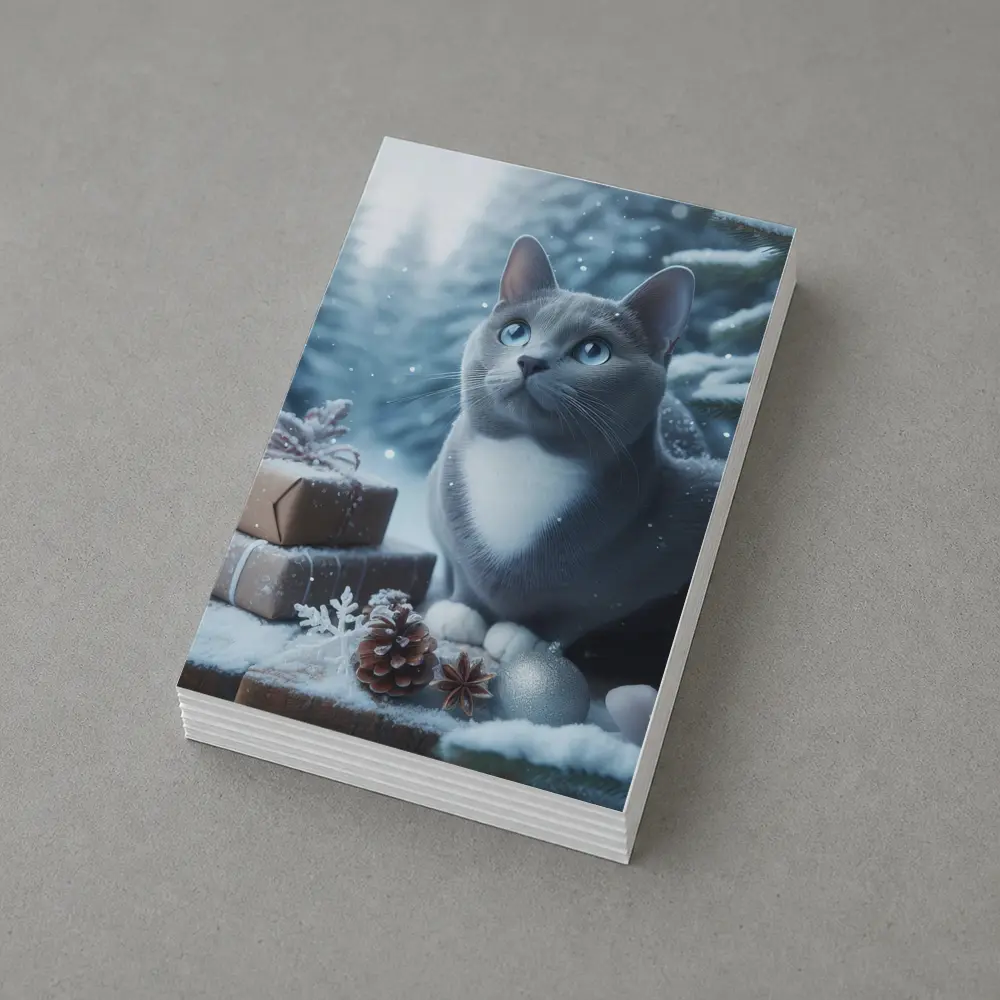 Gray Cat Blue Eyes Winter Christmas Scene – Postcards