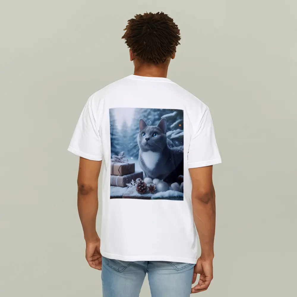 Gray Cat Blue Eyes Winter Christmas Scene – T-Shirts