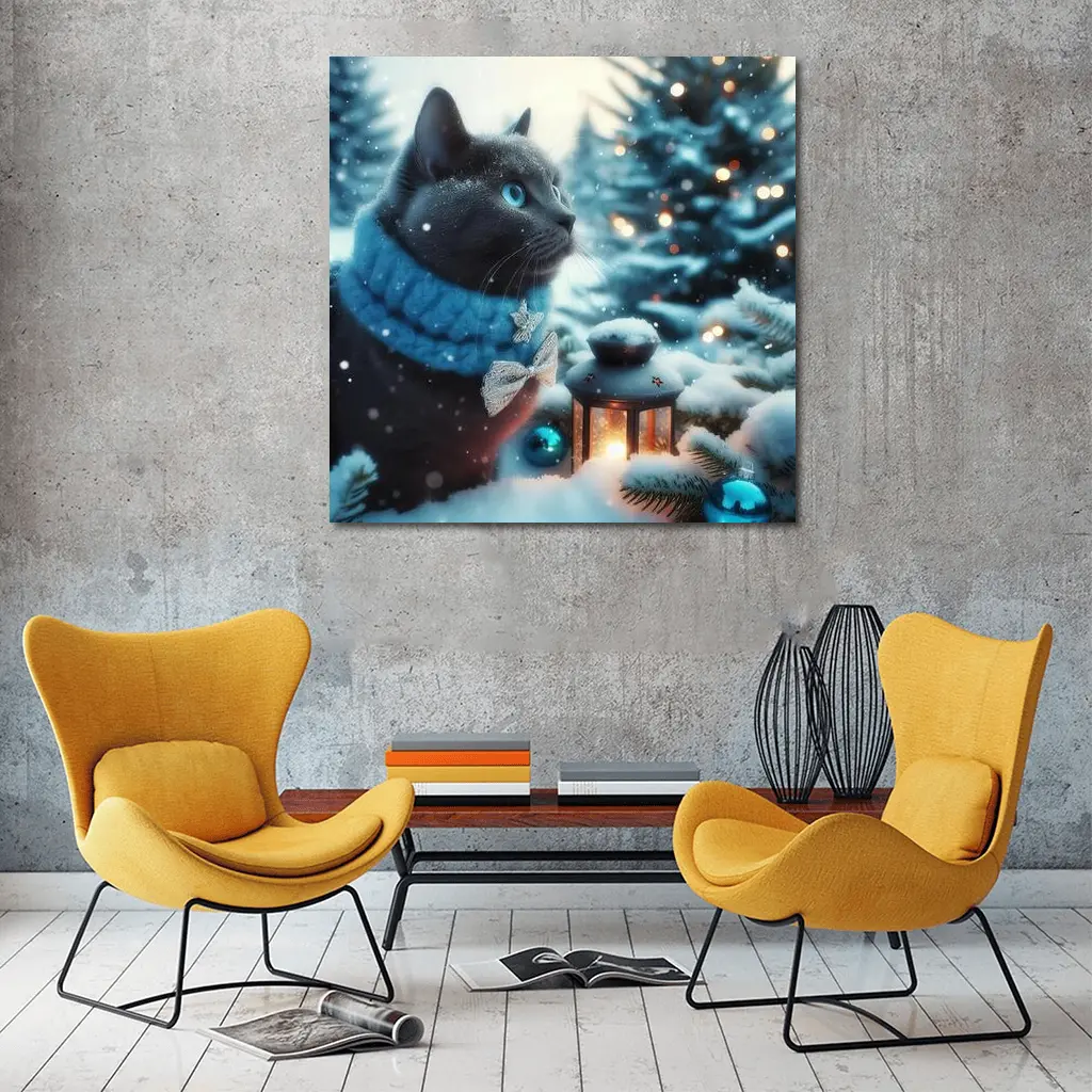 Russian Blue Cat Winter Christmas Snow Scene – Wall Art