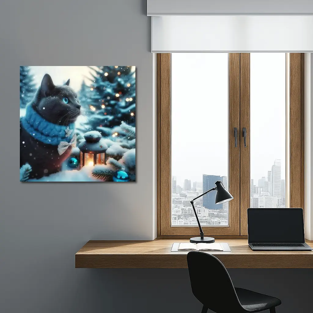 Russian Blue Cat Winter Christmas Snow Scene – Wall Art