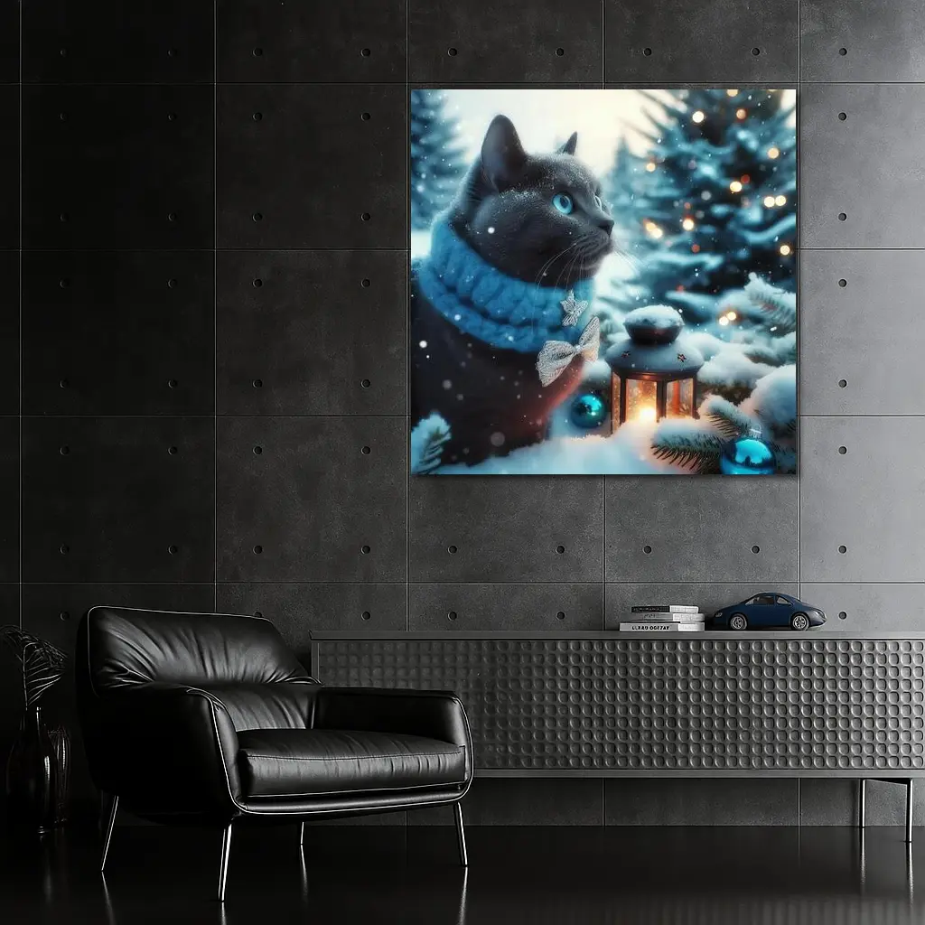 Russian Blue Cat Winter Christmas Snow Scene – Wall Art