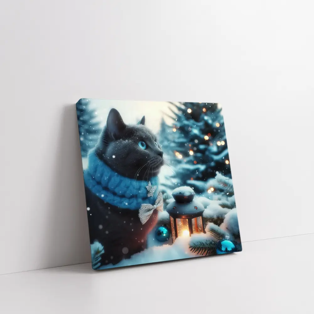 Russian Blue Cat Winter Christmas Snow Scene – Wall Art