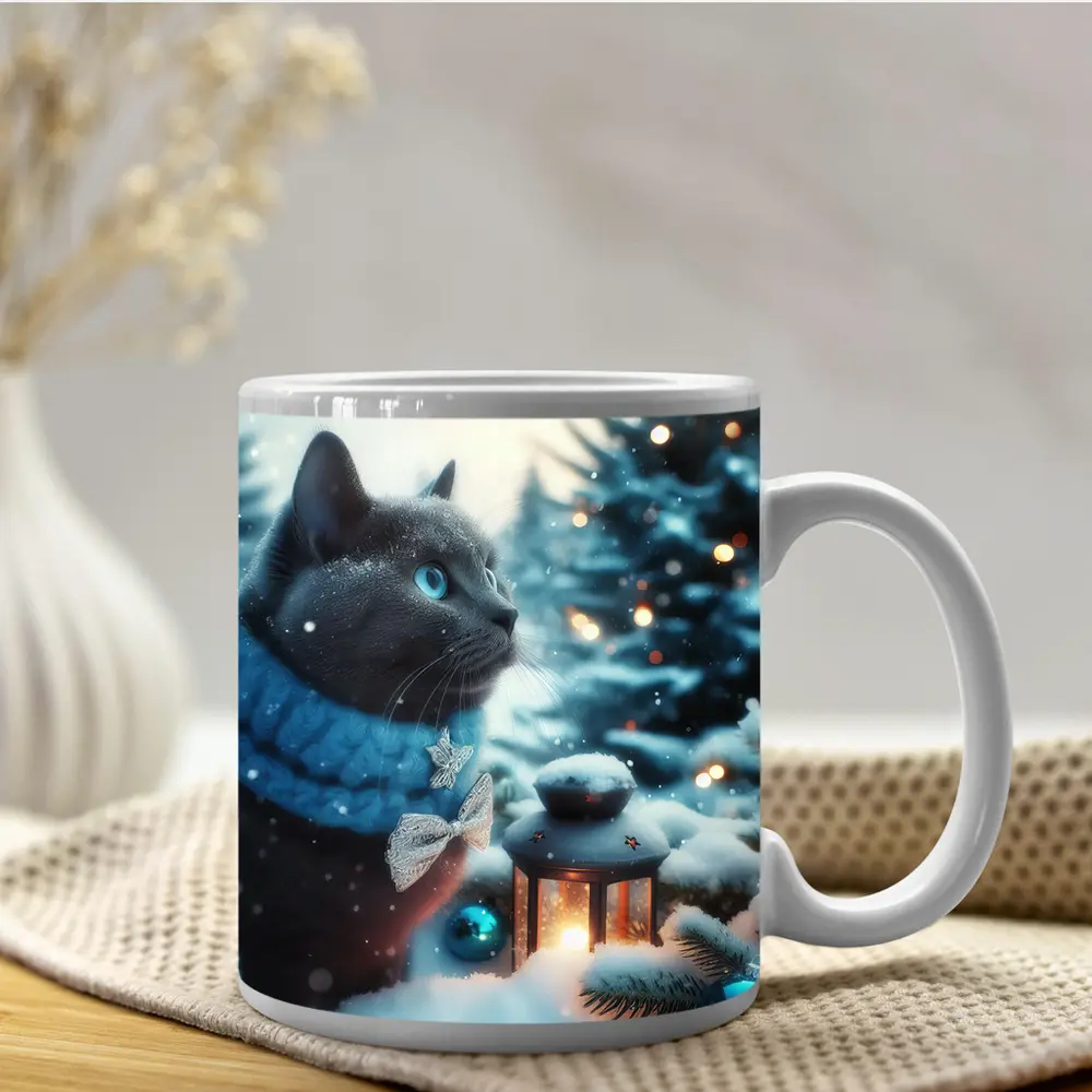 Russian Blue Cat Winter Christmas Snow Scene – Mugs