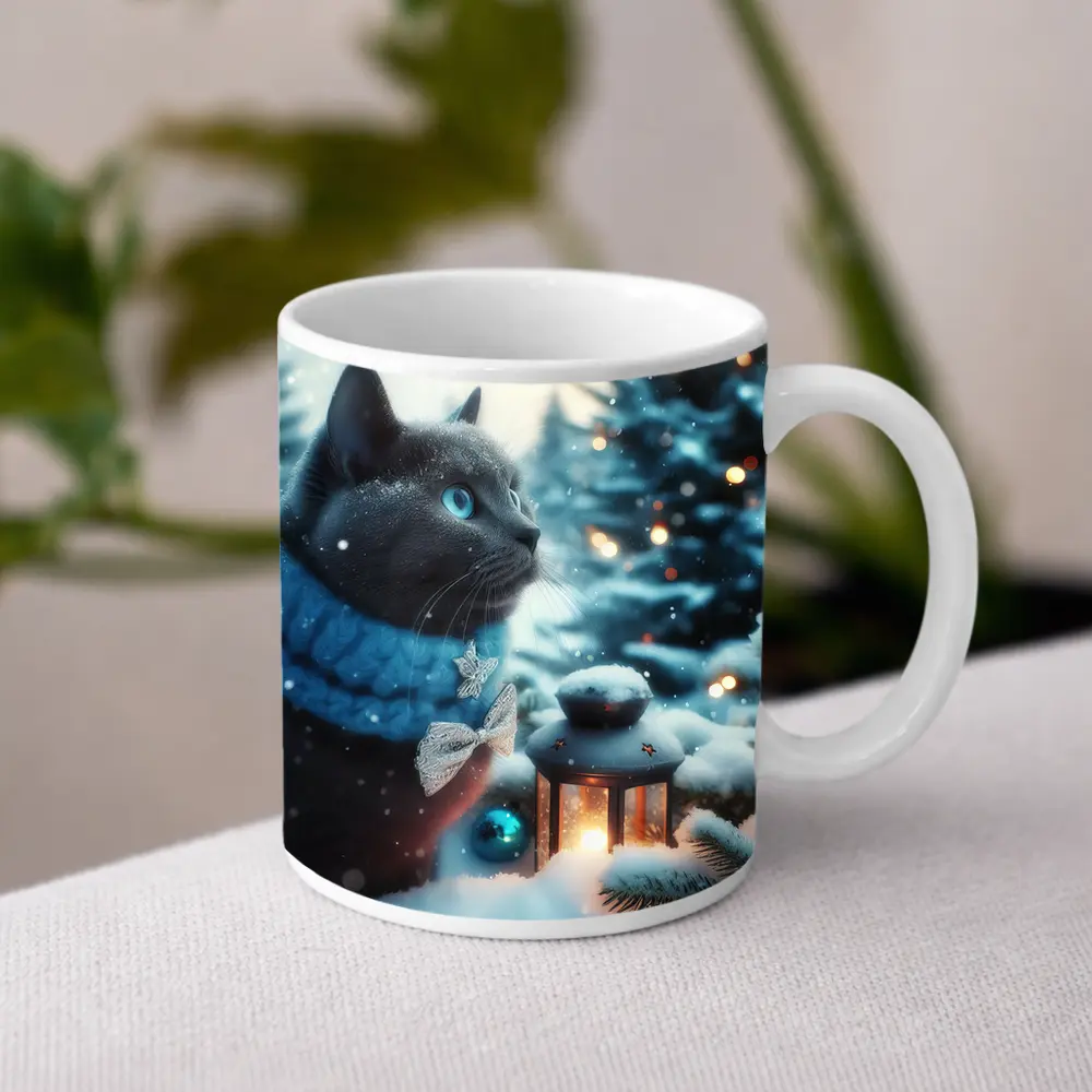 Russian Blue Cat Winter Christmas Snow Scene – Mugs