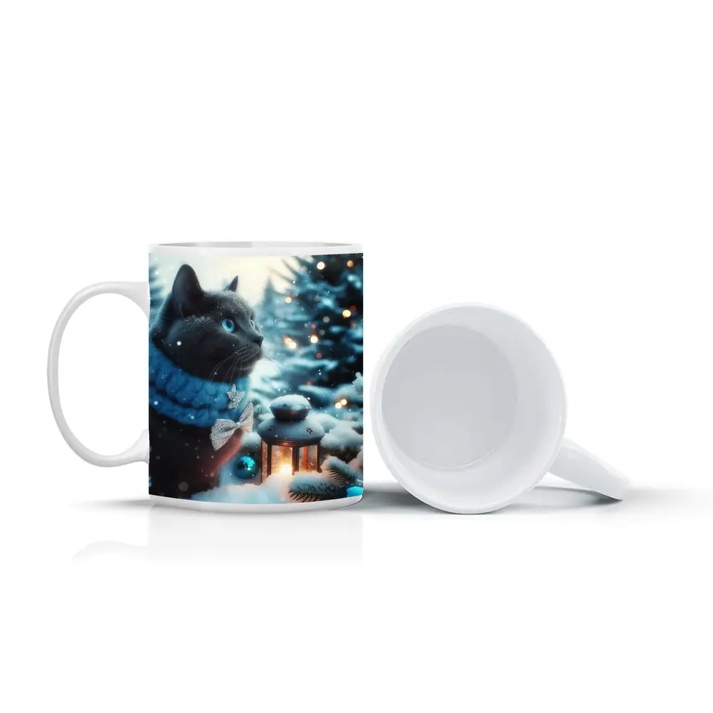 Russian Blue Cat Winter Christmas Snow Scene – Mugs