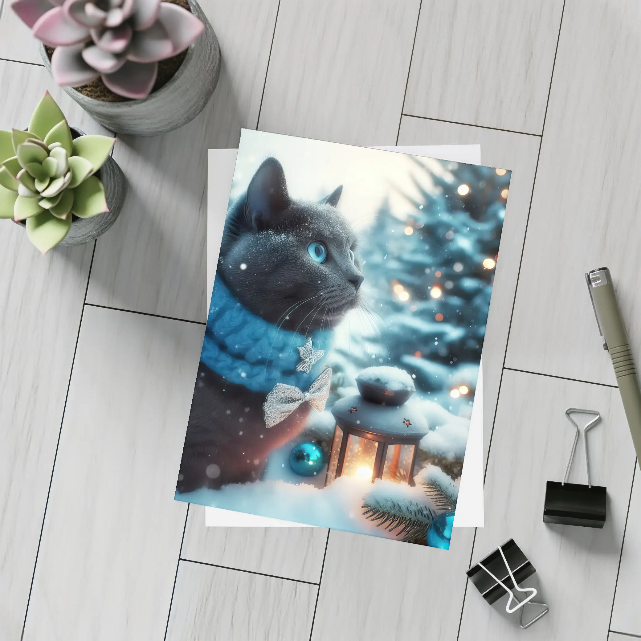 Russian Blue Cat Winter Christmas Snow Scene – Postcards