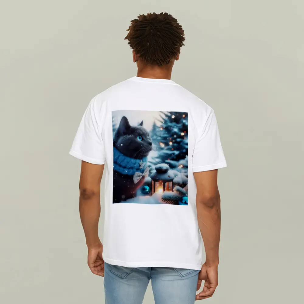 Russian Blue Cat Winter Christmas Snow Scene – T-Shirts