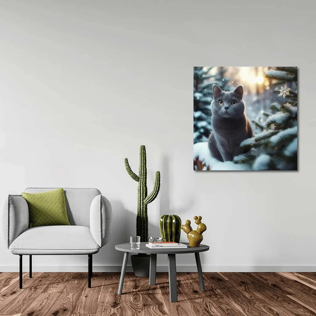 Russian Blue Cat Snowy Winter Forest Scene – Wall Art