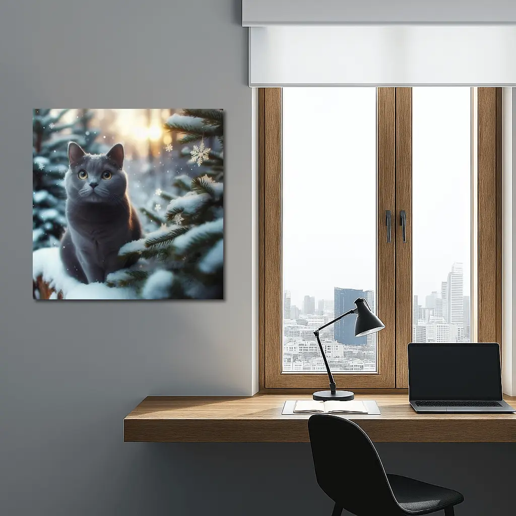 Russian Blue Cat Snowy Winter Forest Scene – Wall Art