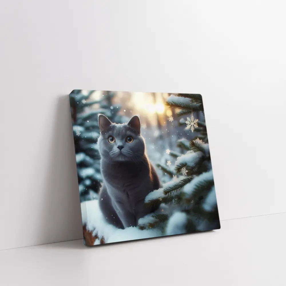 Russian Blue Cat Snowy Winter Forest Scene – Wall Art