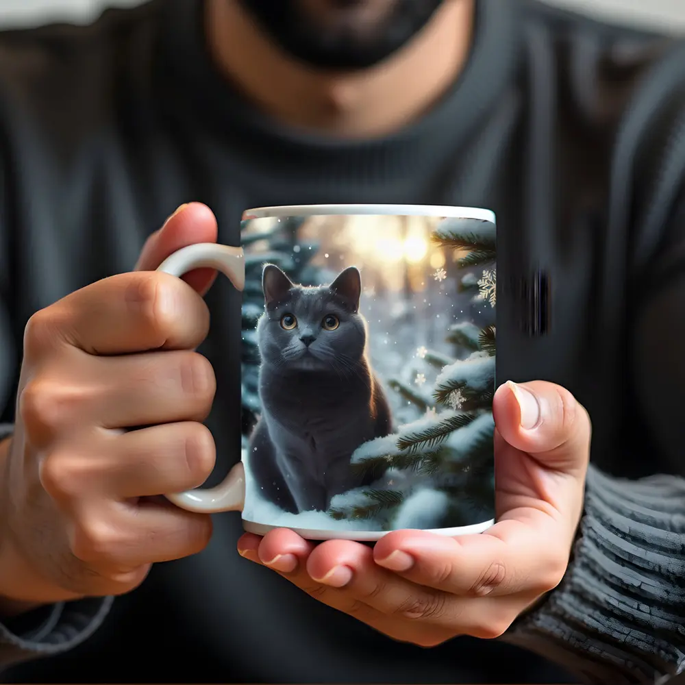 Russian Blue Cat Snowy Winter Forest Scene – Mugs