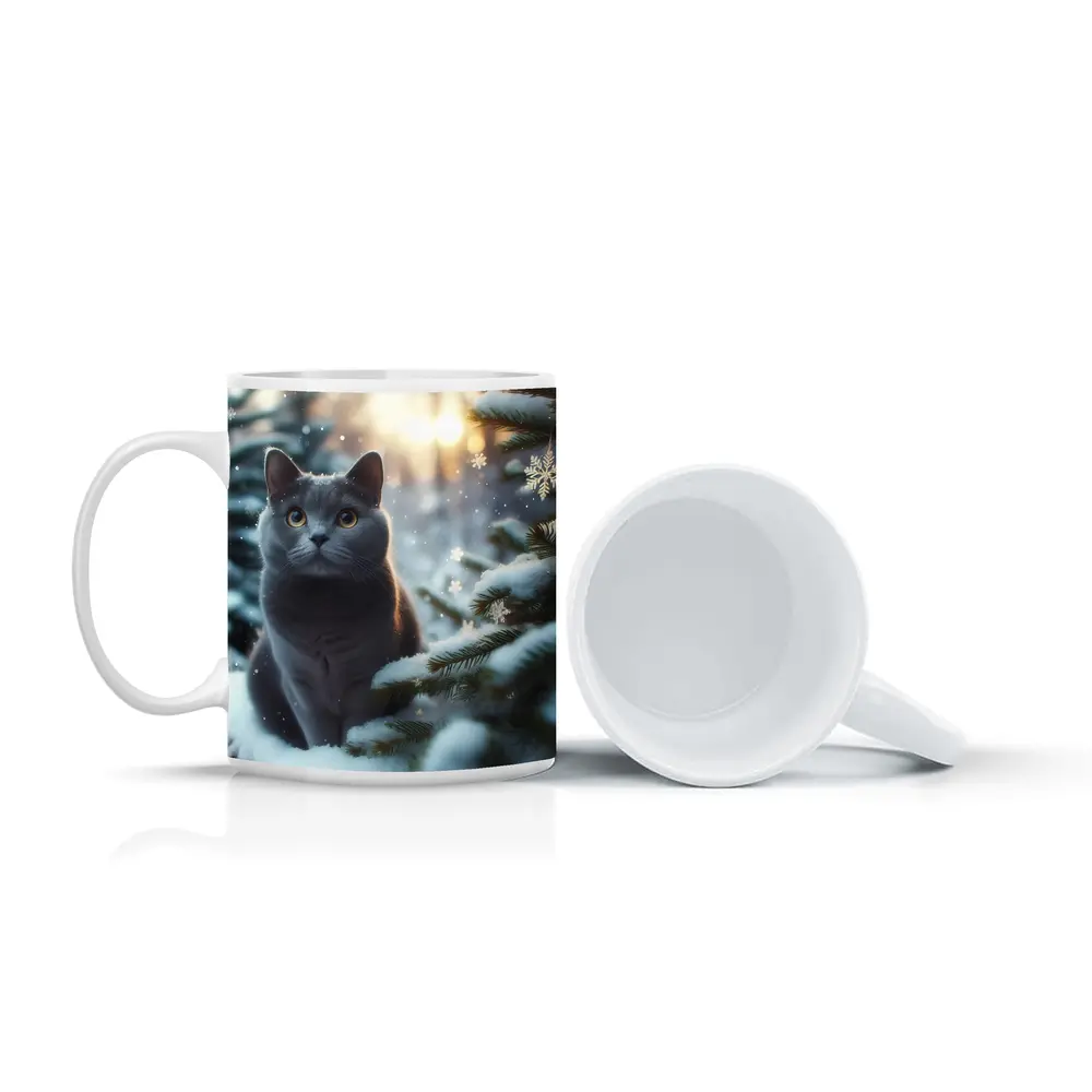 Russian Blue Cat Snowy Winter Forest Scene – Mugs