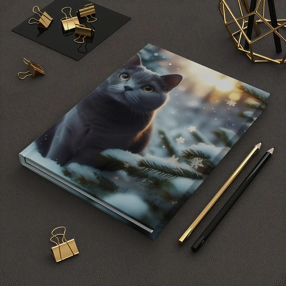 Russian Blue Cat Snowy Winter Forest Scene – Notebooks