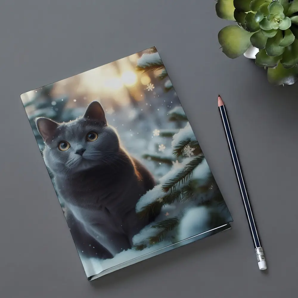 Russian Blue Cat Snowy Winter Forest Scene – Notebooks