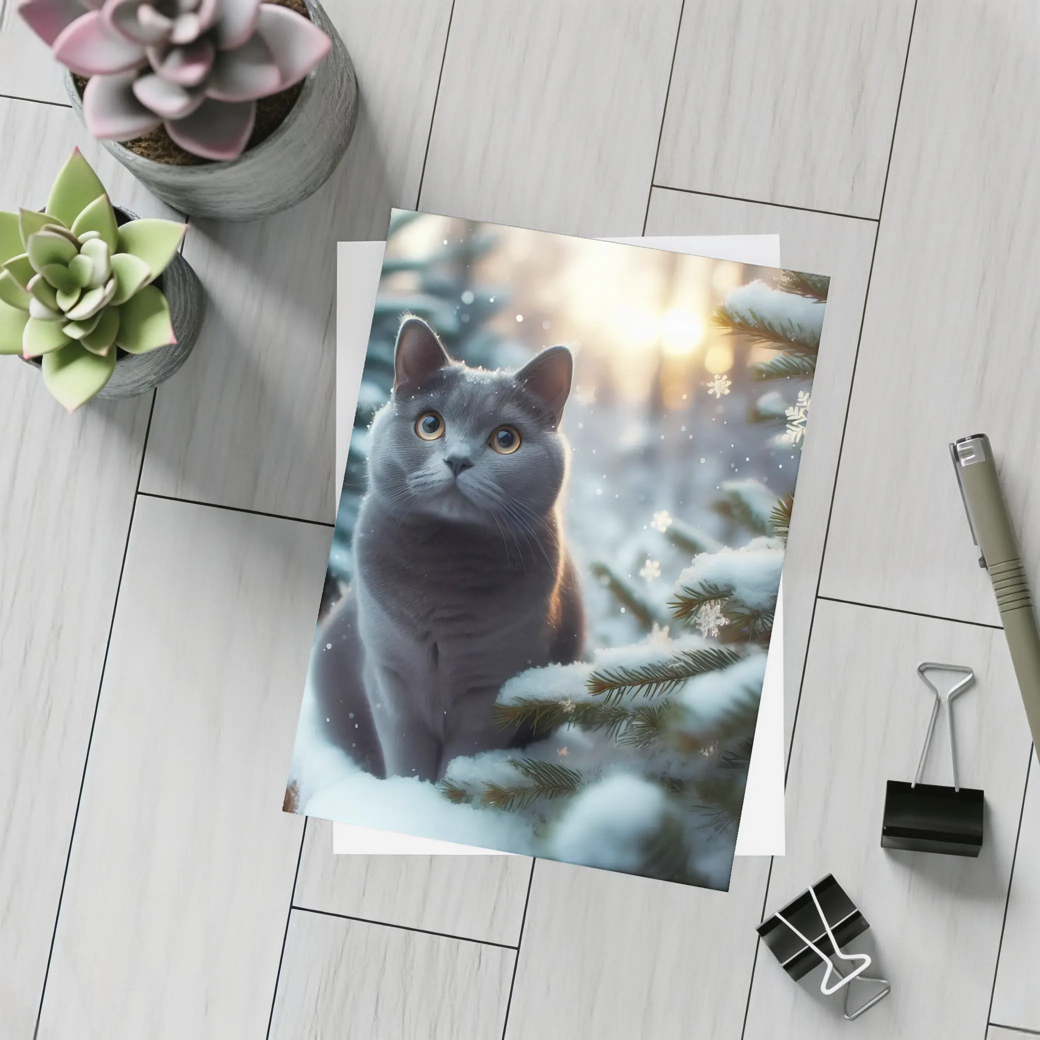 Russian Blue Cat Snowy Winter Forest Scene – Postcards