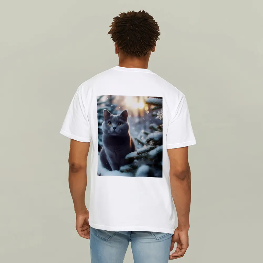 Russian Blue Cat Snowy Winter Forest Scene – T-Shirts