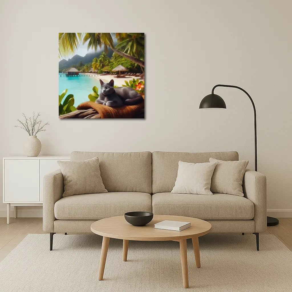 Russian Blue Cat Relaxing Tropical Beach Resort – Wall Art