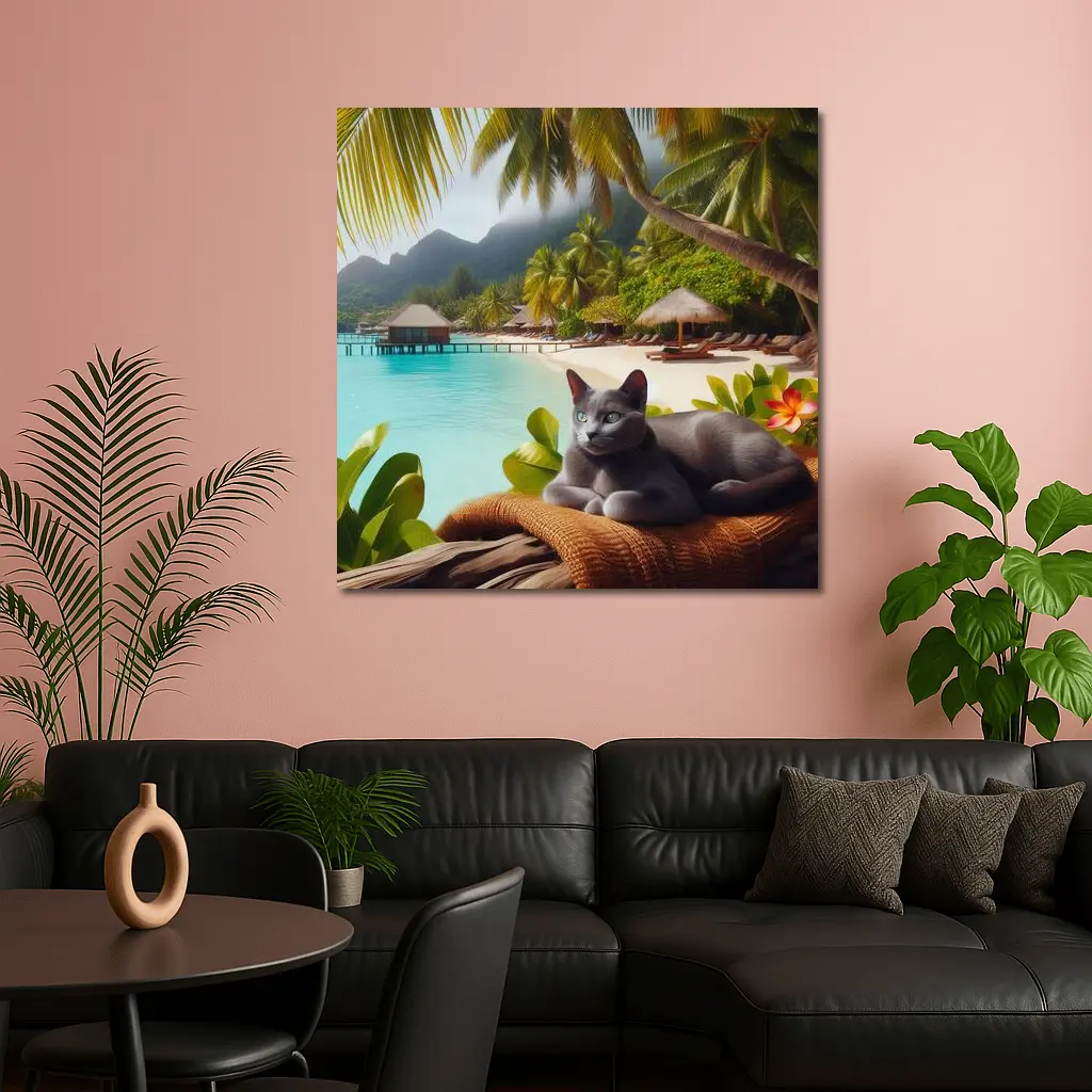 Russian Blue Cat Relaxing Tropical Beach Resort – Wall Art