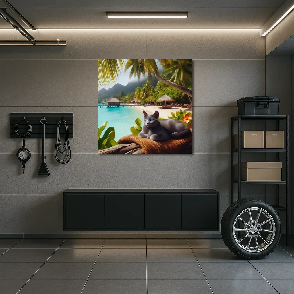 Russian Blue Cat Relaxing Tropical Beach Resort – Wall Art