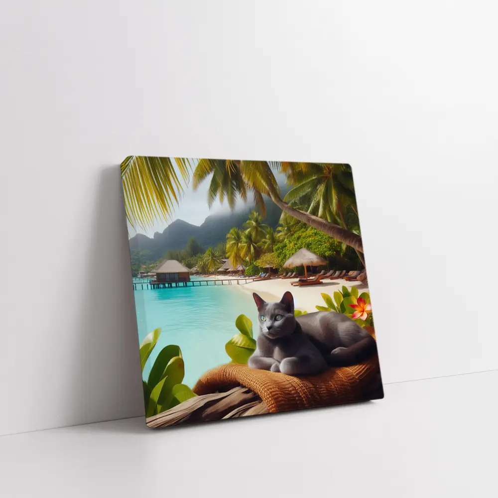Russian Blue Cat Relaxing Tropical Beach Resort – Wall Art