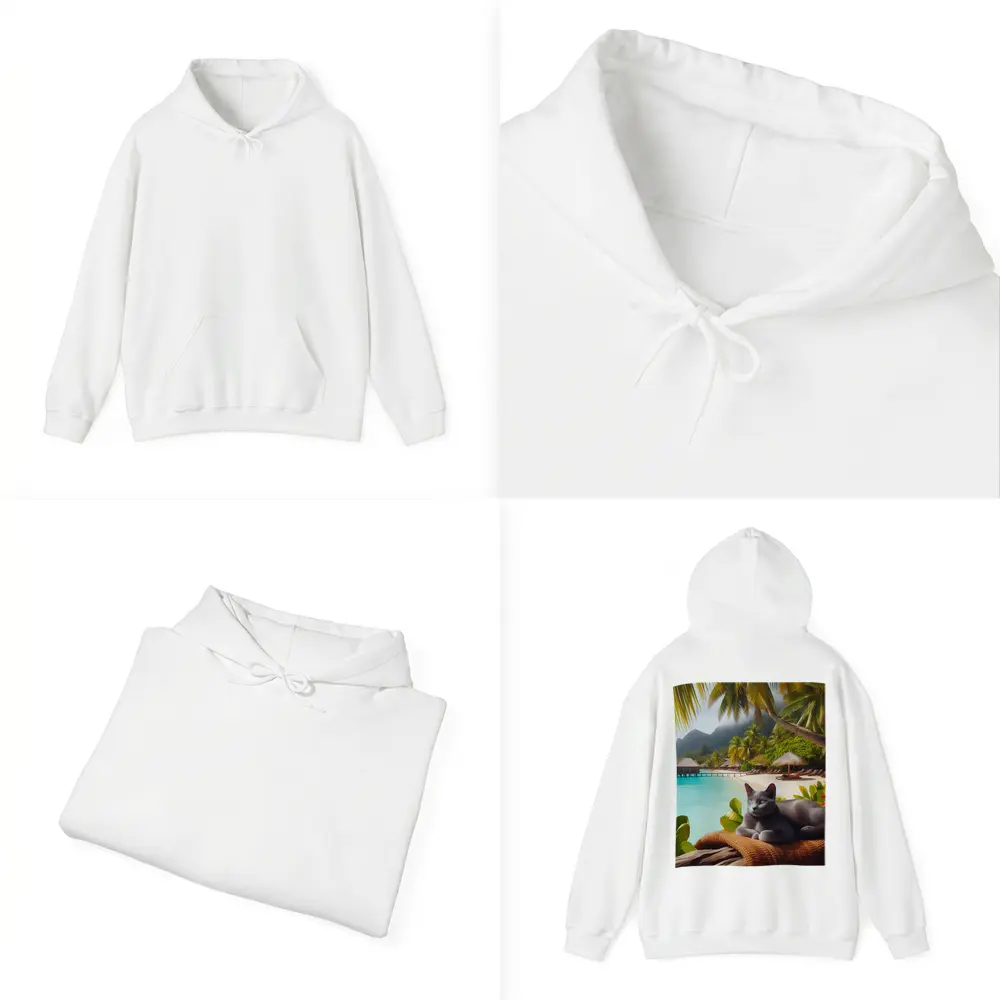 Russian Blue Cat Relaxing Tropical Beach Resort – Hoodies