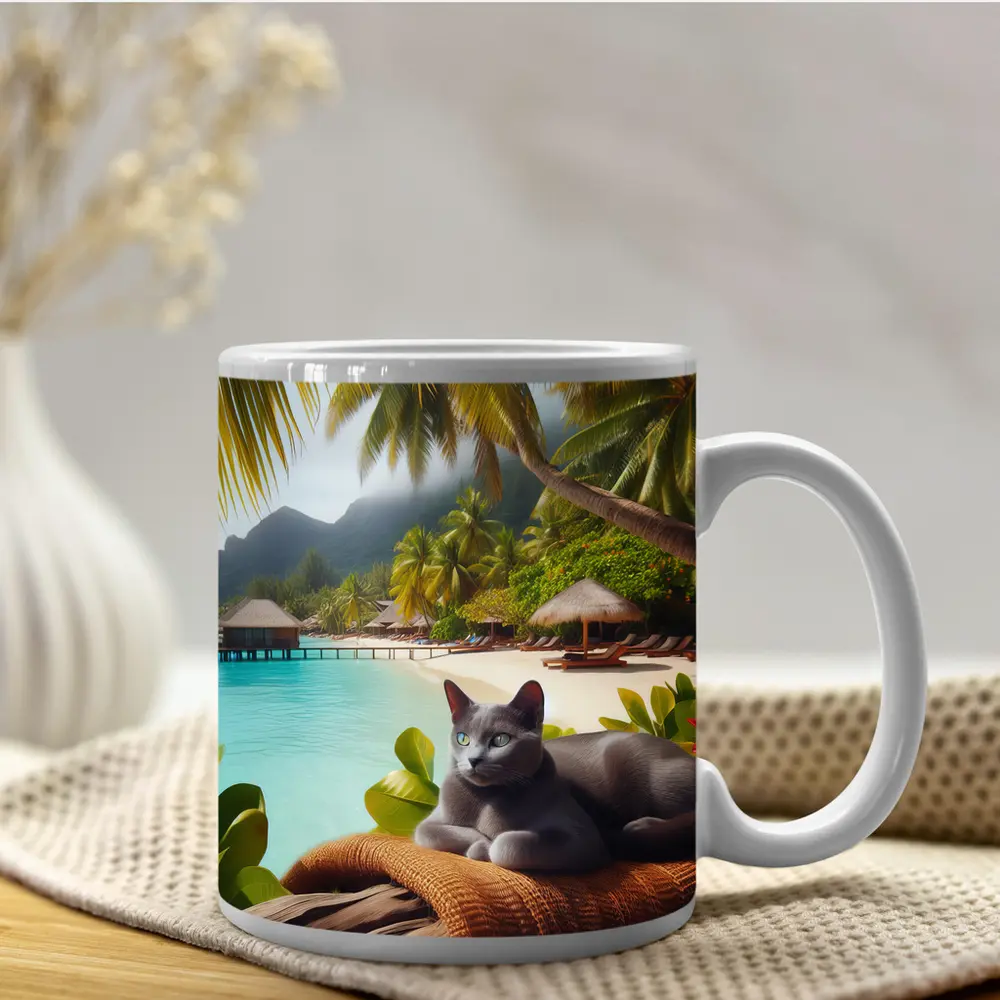 Russian Blue Cat Relaxing Tropical Beach Resort – Mugs
