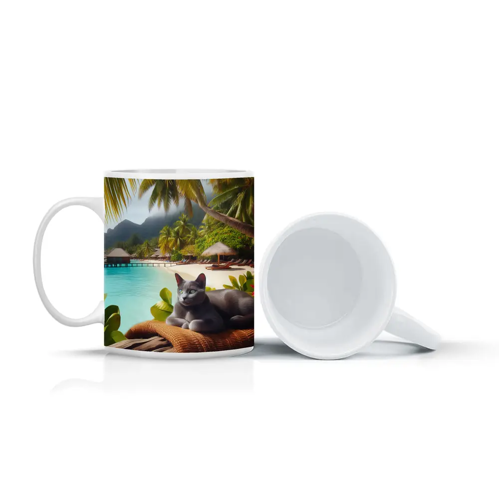 Russian Blue Cat Relaxing Tropical Beach Resort – Mugs