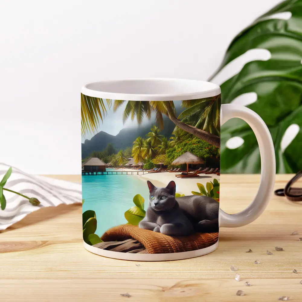 Russian Blue Cat Relaxing Tropical Beach Resort – Mugs