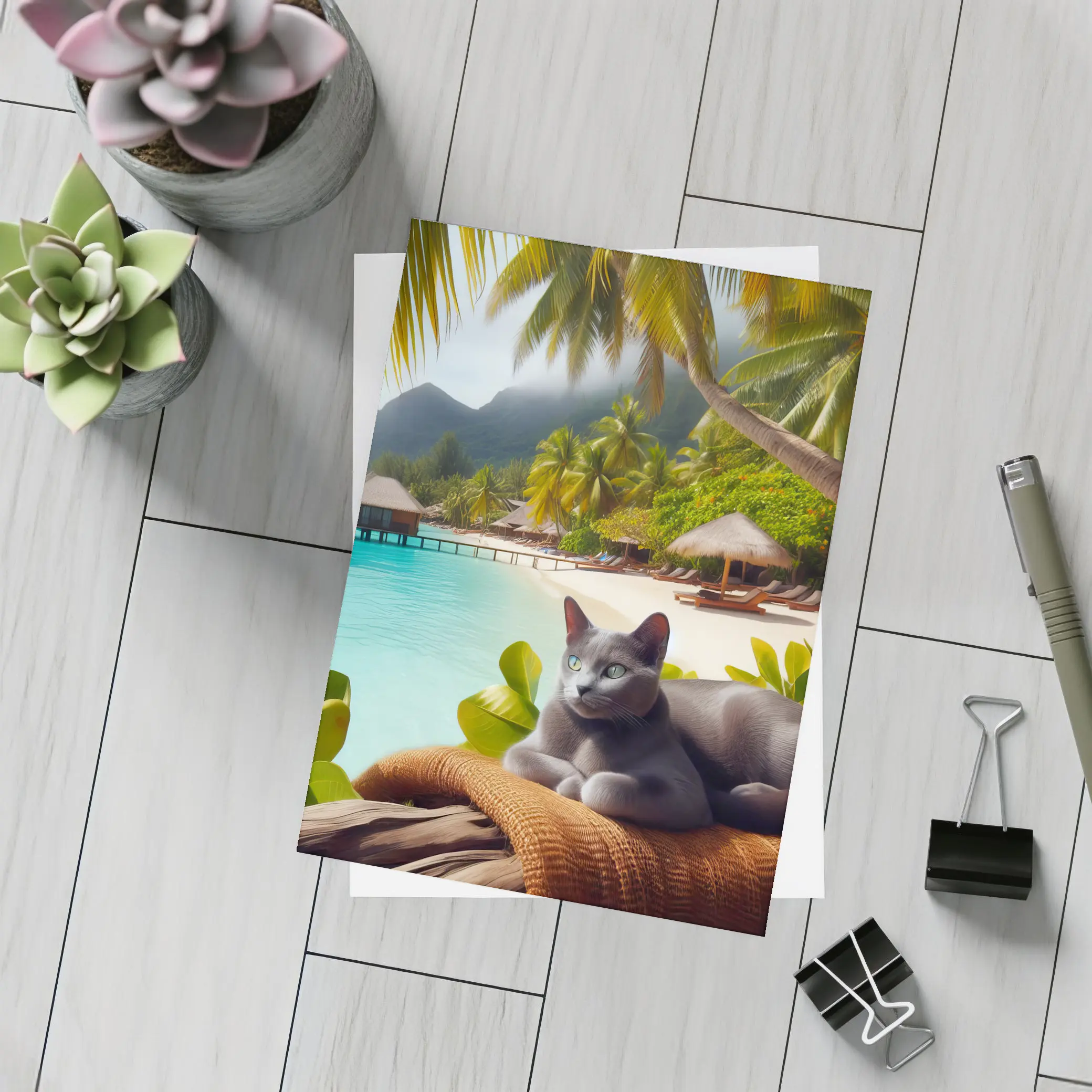 Russian Blue Cat Relaxing Tropical Beach Resort – Postcards