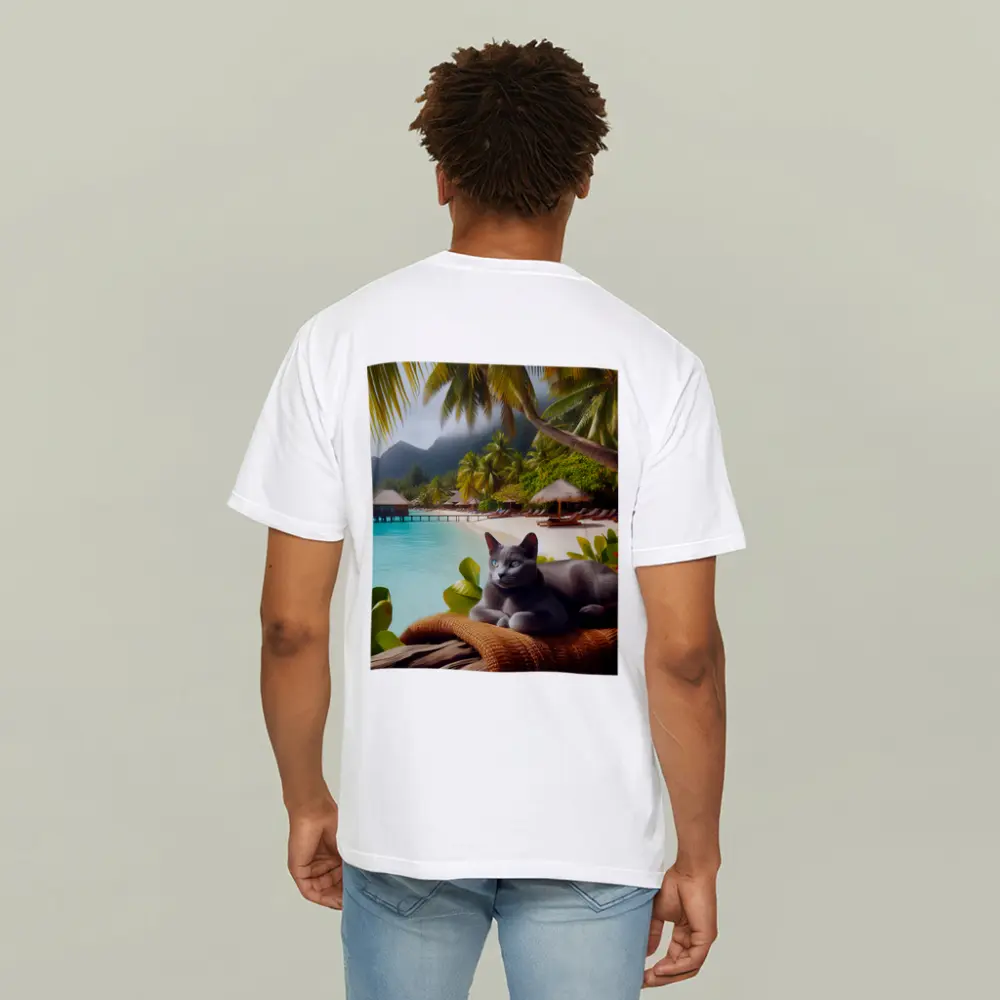 Russian Blue Cat Relaxing Tropical Beach Resort – T-Shirts