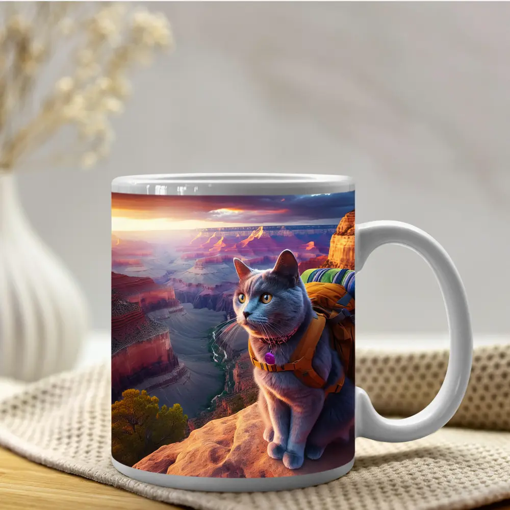 Gray Cat Hiking Grand Canyon Sunset – Mugs