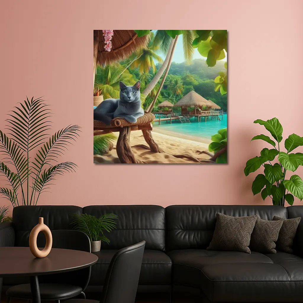 Russian Blue Cat Relaxing Tropical Beach Resort – Wall Art