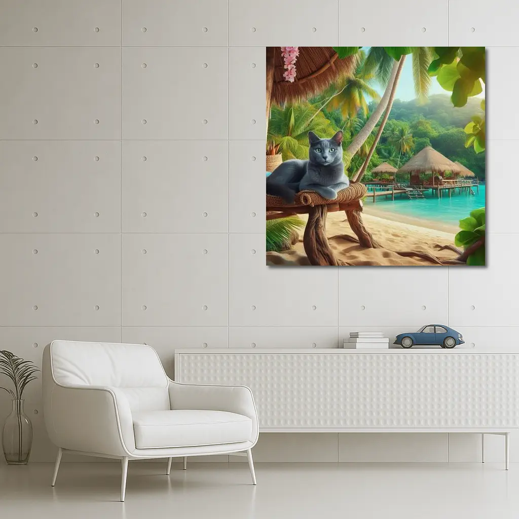 Russian Blue Cat Relaxing Tropical Beach Resort – Wall Art