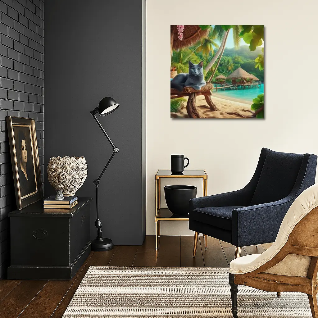 Russian Blue Cat Relaxing Tropical Beach Resort – Wall Art