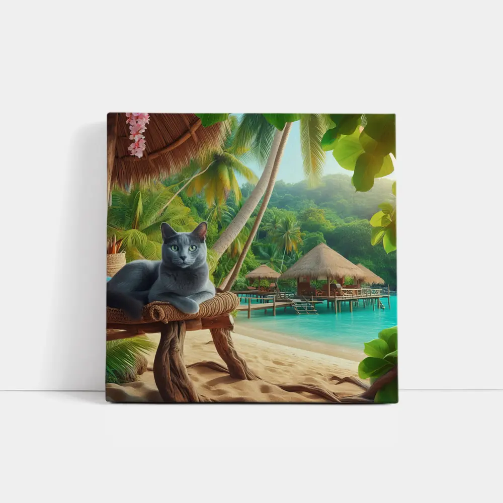 Russian Blue Cat Relaxing Tropical Beach Resort – Wall Art