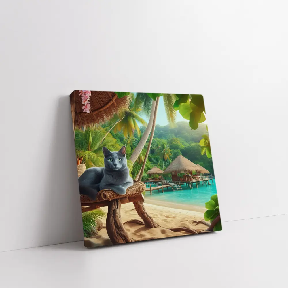 Russian Blue Cat Relaxing Tropical Beach Resort – Wall Art