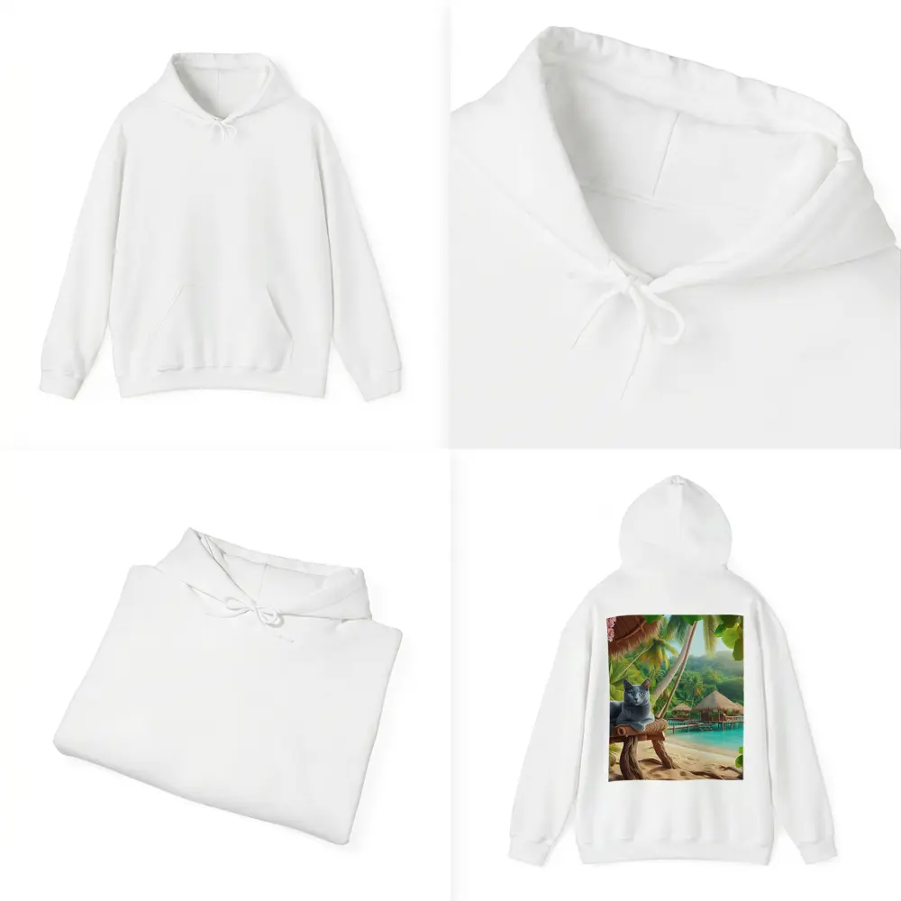 Russian Blue Cat Relaxing Tropical Beach Resort – Hoodies