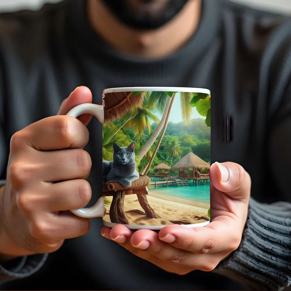 Russian Blue Cat Relaxing Tropical Beach Resort – Mugs
