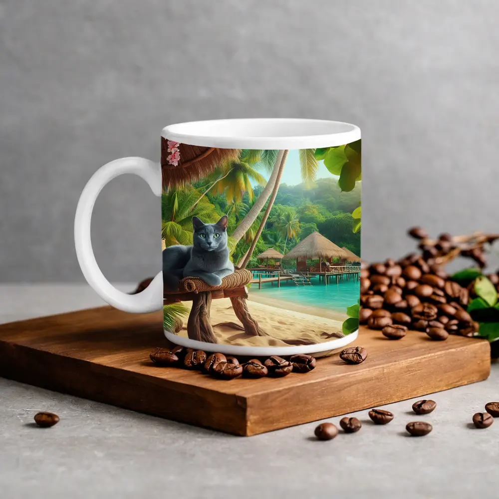 Russian Blue Cat Relaxing Tropical Beach Resort – Mugs