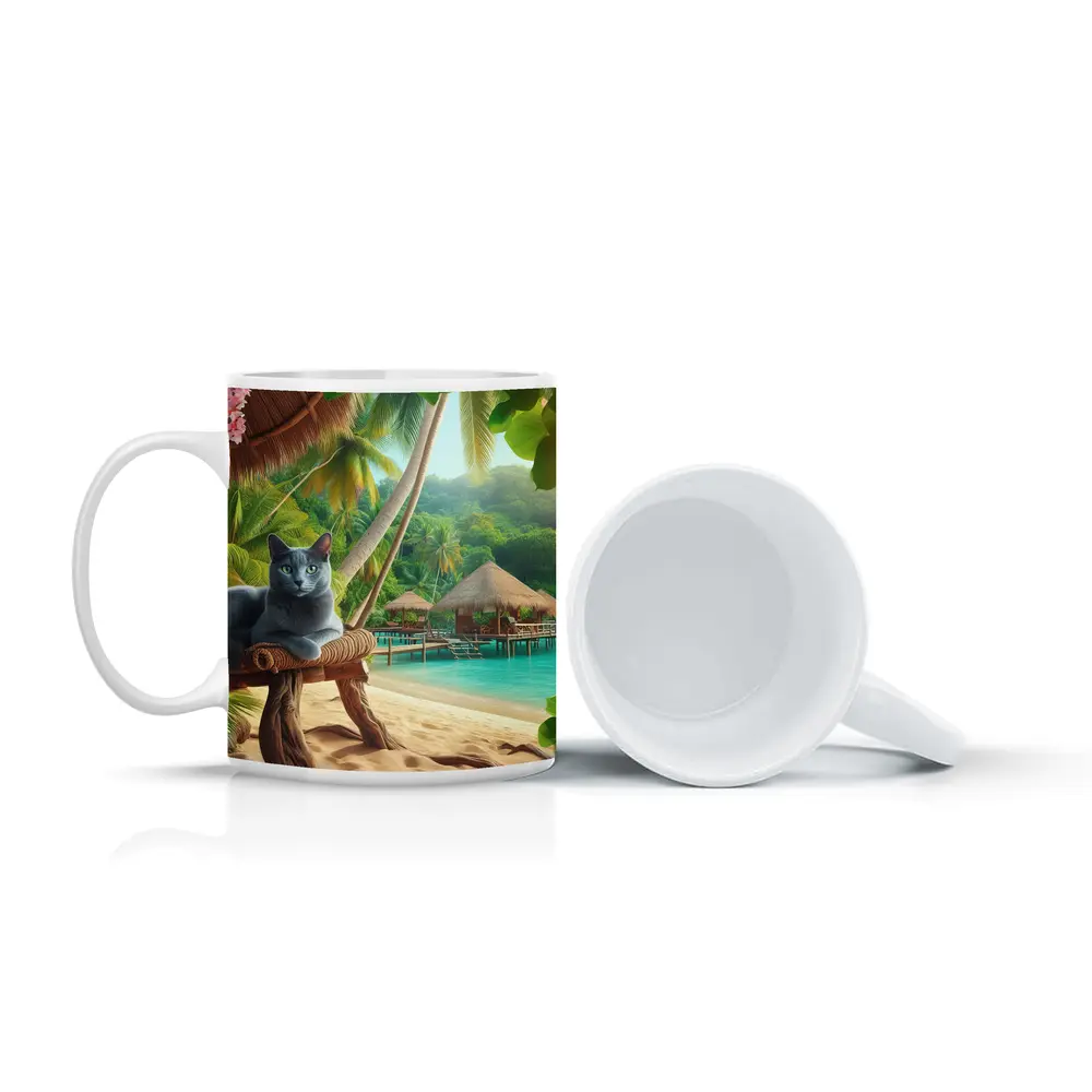 Russian Blue Cat Relaxing Tropical Beach Resort – Mugs