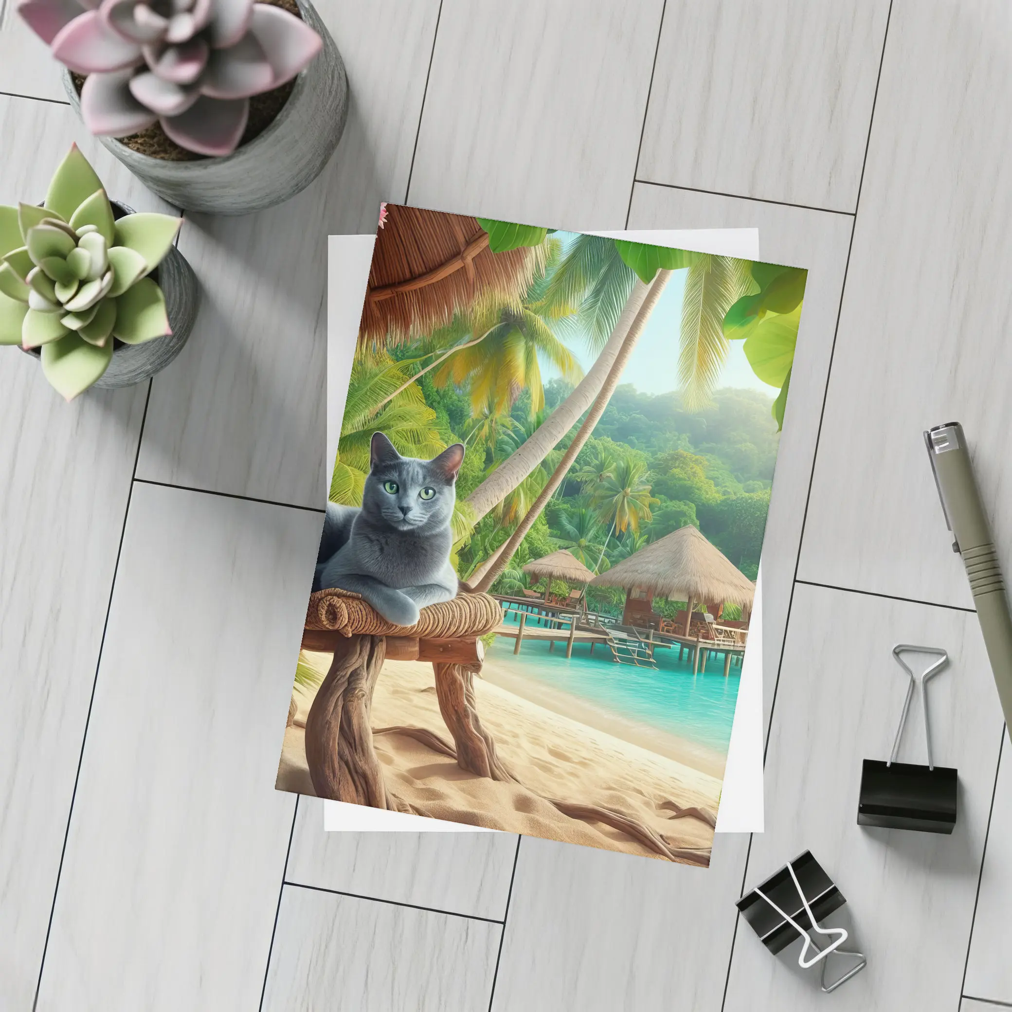 Russian Blue Cat Relaxing Tropical Beach Resort – Postcards