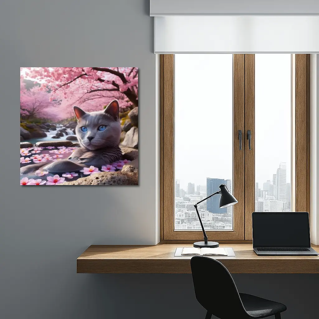 Russian Blue Cat Cherry Blossom Stream – Wall Art