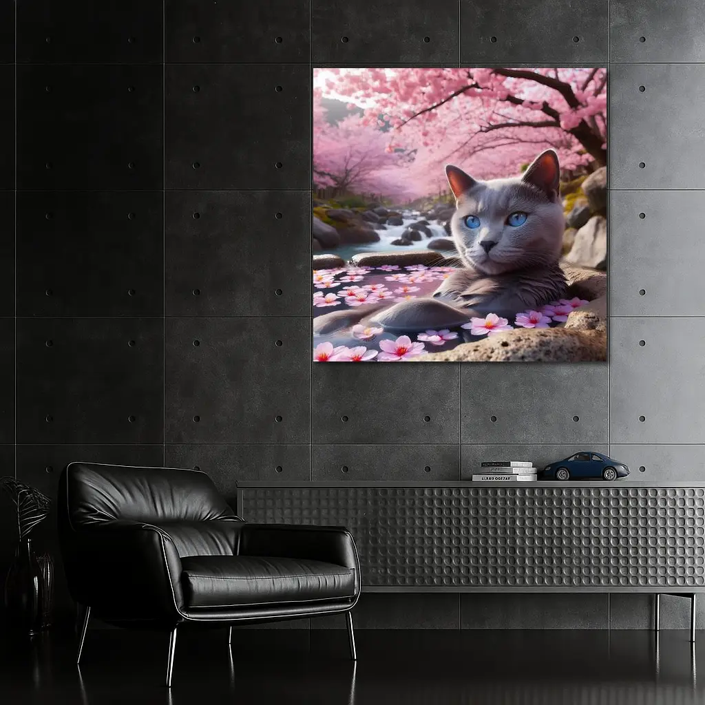 Russian Blue Cat Cherry Blossom Stream – Wall Art
