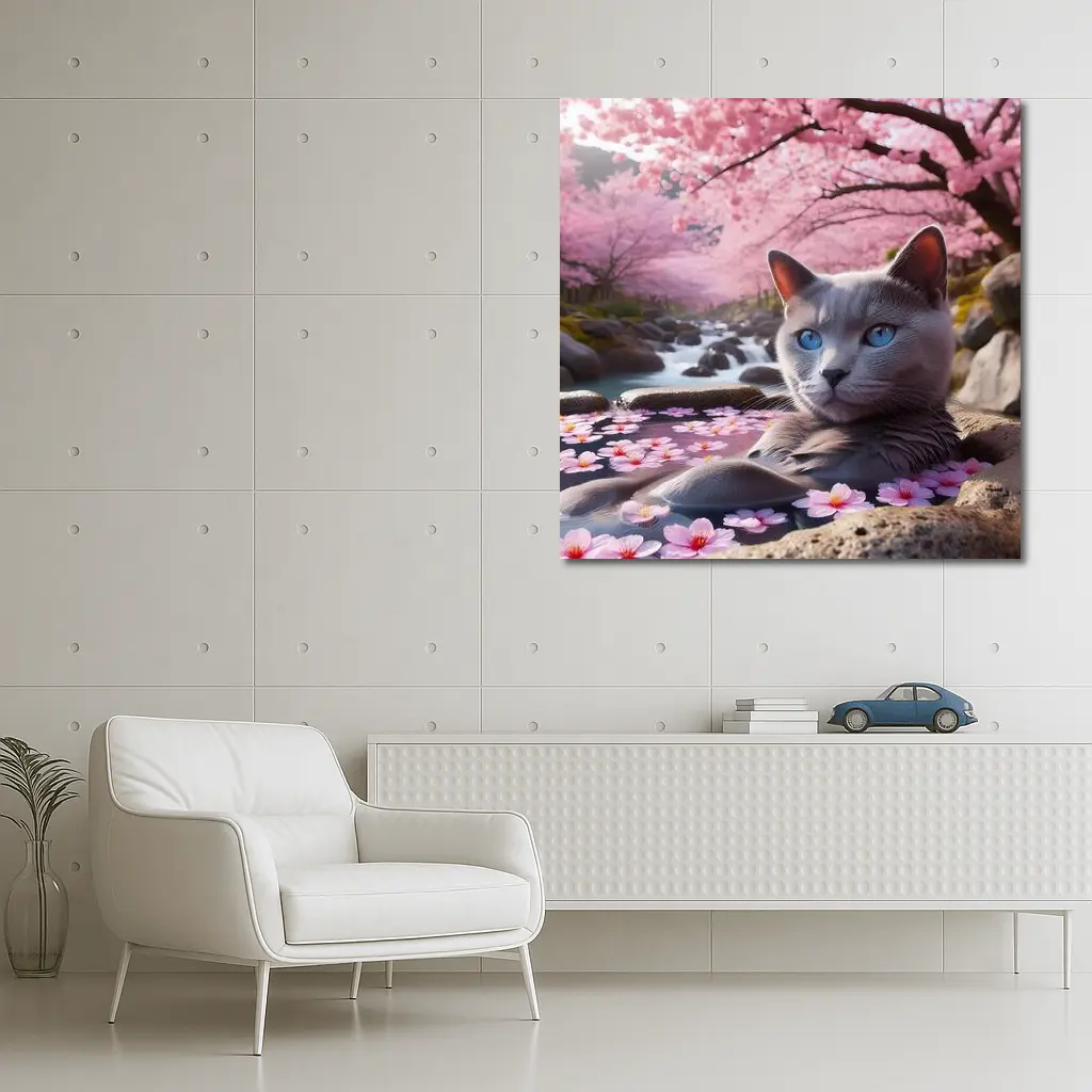 Russian Blue Cat Cherry Blossom Stream – Wall Art